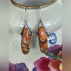 Vintage Handcrafted Jasper Sea Sediment Gemstone Silver Tone Drop Hook Earrings